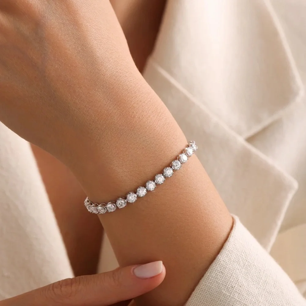 Platinum Plated Tennis Bracelet High Polish Statement Dainty Real Crystal